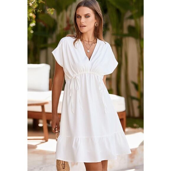 NEW White Short Sleeve V Neck Drawstring Ruffle A-Line Mini Dress M - Picture 2 of 6